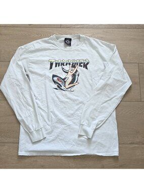 Thrasher Long Sleeve White Pin Up Girl Shark Graphic T-shirt Mens Medium